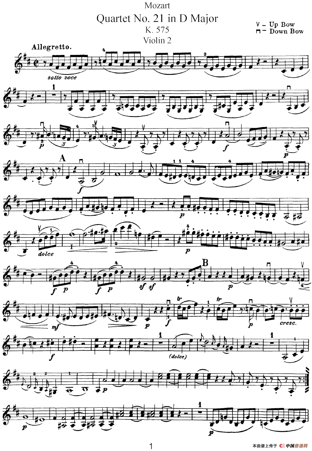 Mozart《Quartet No.21 in D Major,K.575》（Violin 2分谱）简谱