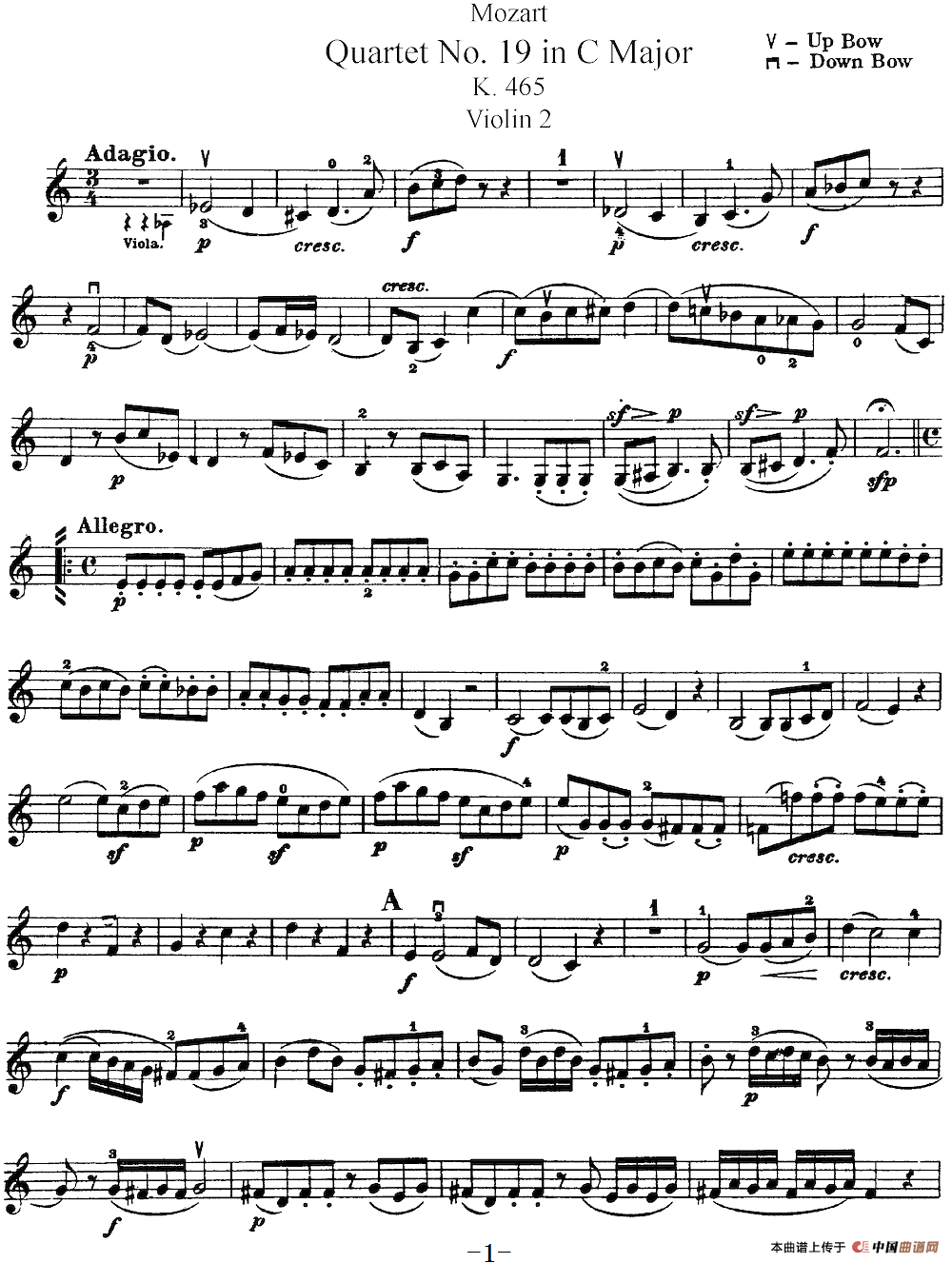 Mozart《Quartet No.19 in C Major,K.465》（Violin 2分谱）简谱
