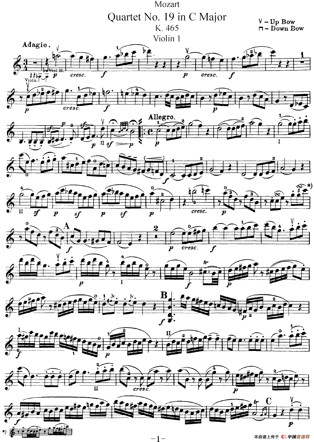 Mozart《Quartet No.19 in C Major,K.465》（Violin 1分谱）简谱