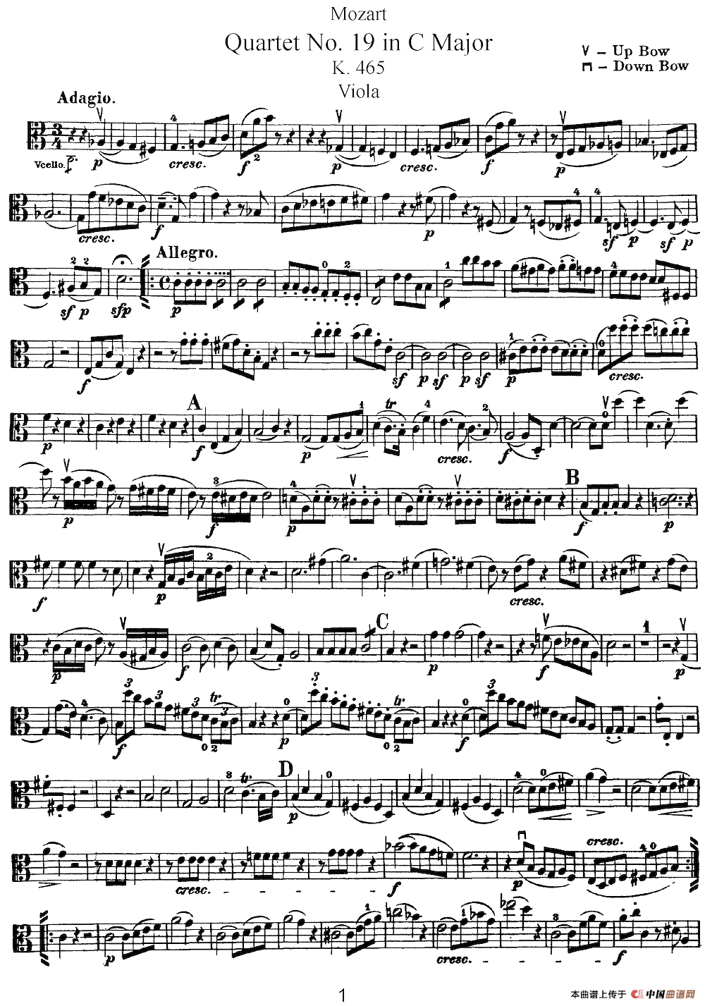 Mozart《Quartet No.19 in C Major,K.465》（Viola分谱）简谱