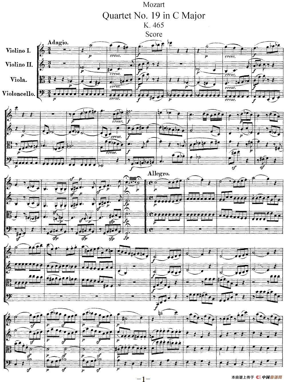 Mozart《Quartet No.19 in C Major,K.465》（总谱）简谱