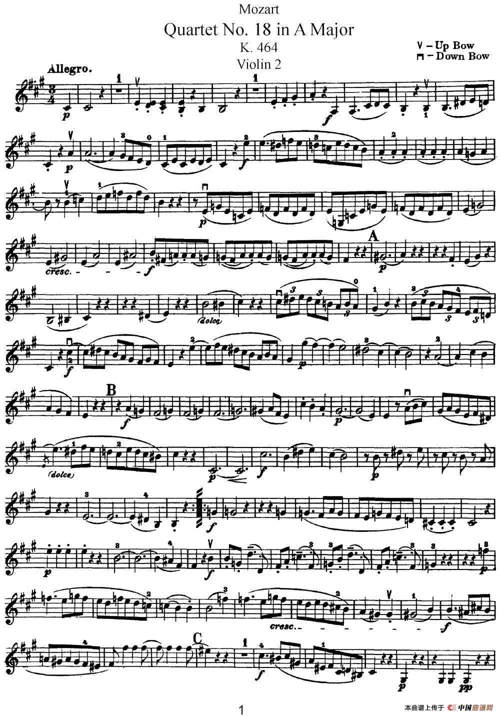 Mozart《Quartet No.18 in A Major,K.464》（Violin 2分谱）简谱