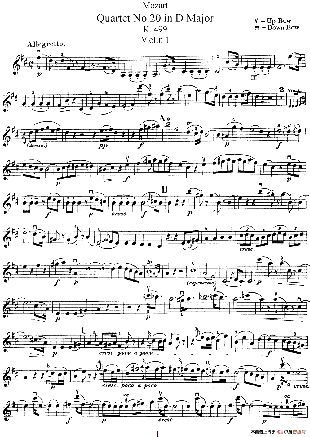 Mozart《Quartet No.20 in D Major,K.499》（Violin 1分谱）简谱