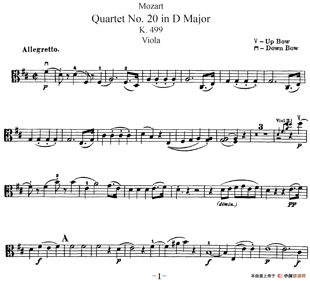 Mozart《Quartet No.20 in D Major,K.499》（Viola分谱）简谱