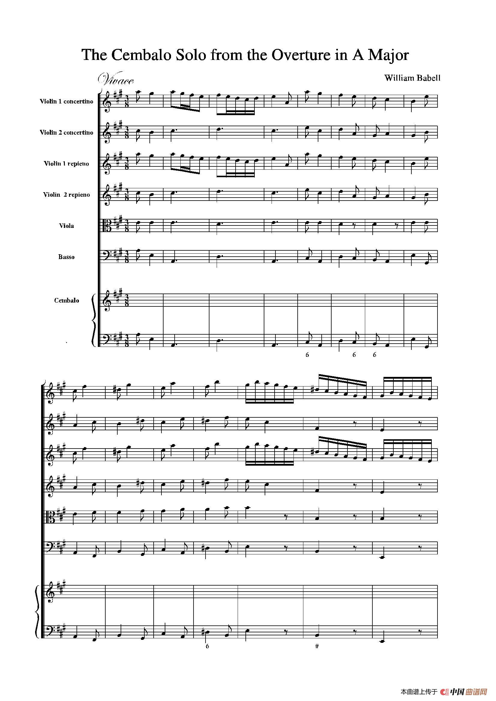 The Cembalo Solo From the Overture in A Major（A大调大提琴协奏曲总谱）简谱