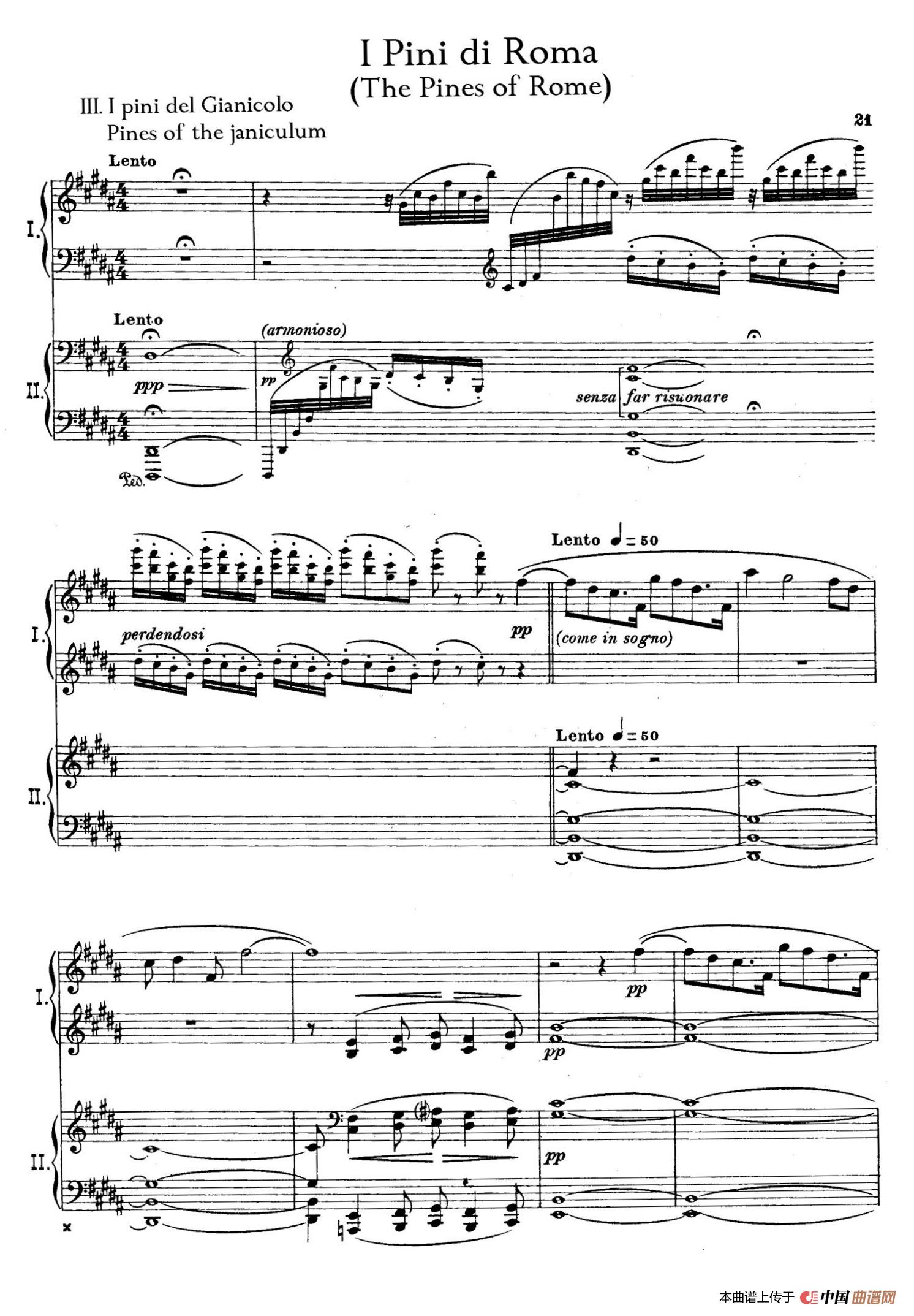 The Pines of Rome（交响诗《罗马的松树》·双钢琴）（第三部分：吉阿尼库伦山的松树）简谱