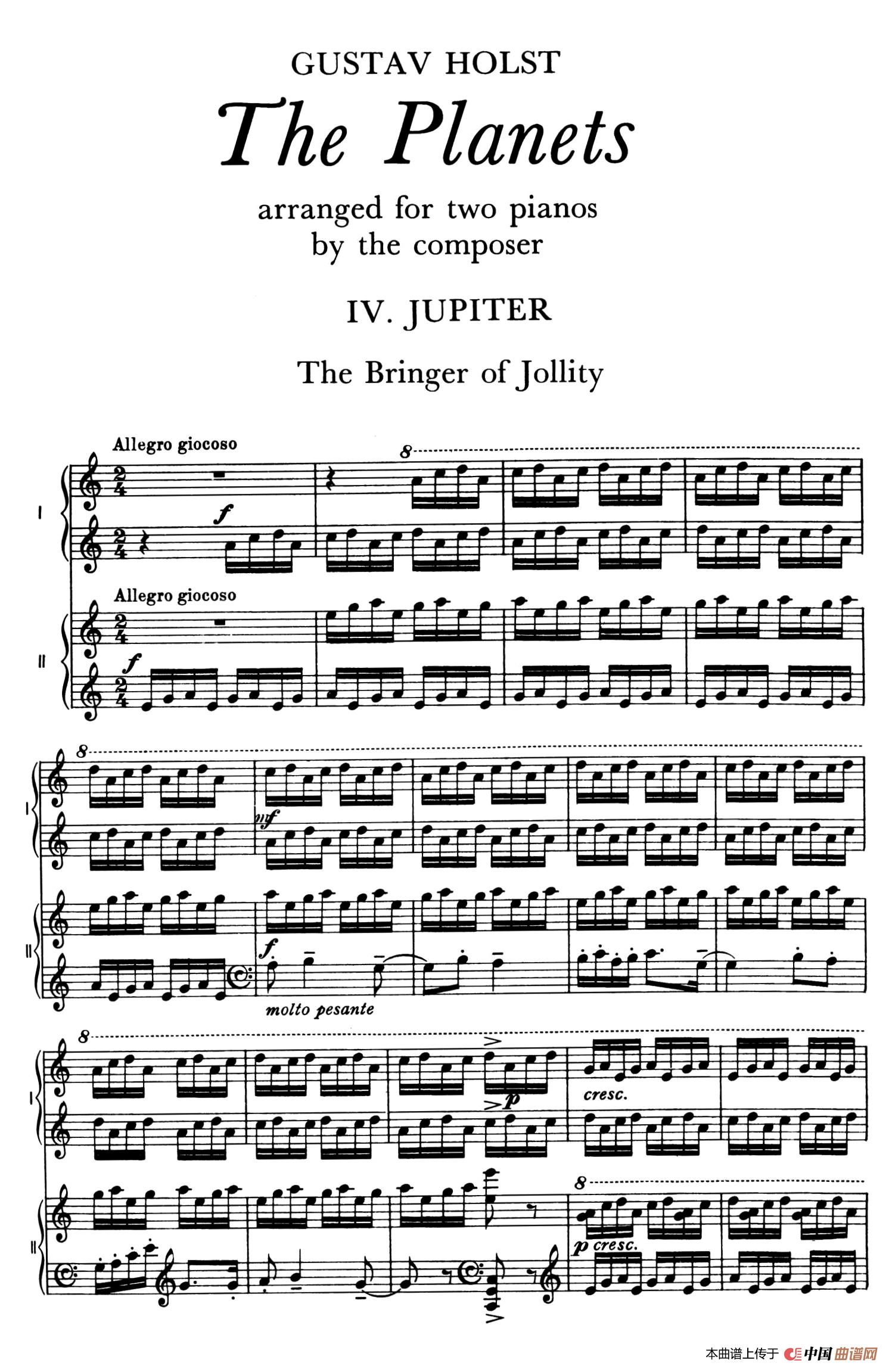 The Planets Op.32（双钢琴）（行星·第四乐章 木星—欢乐使者）简谱