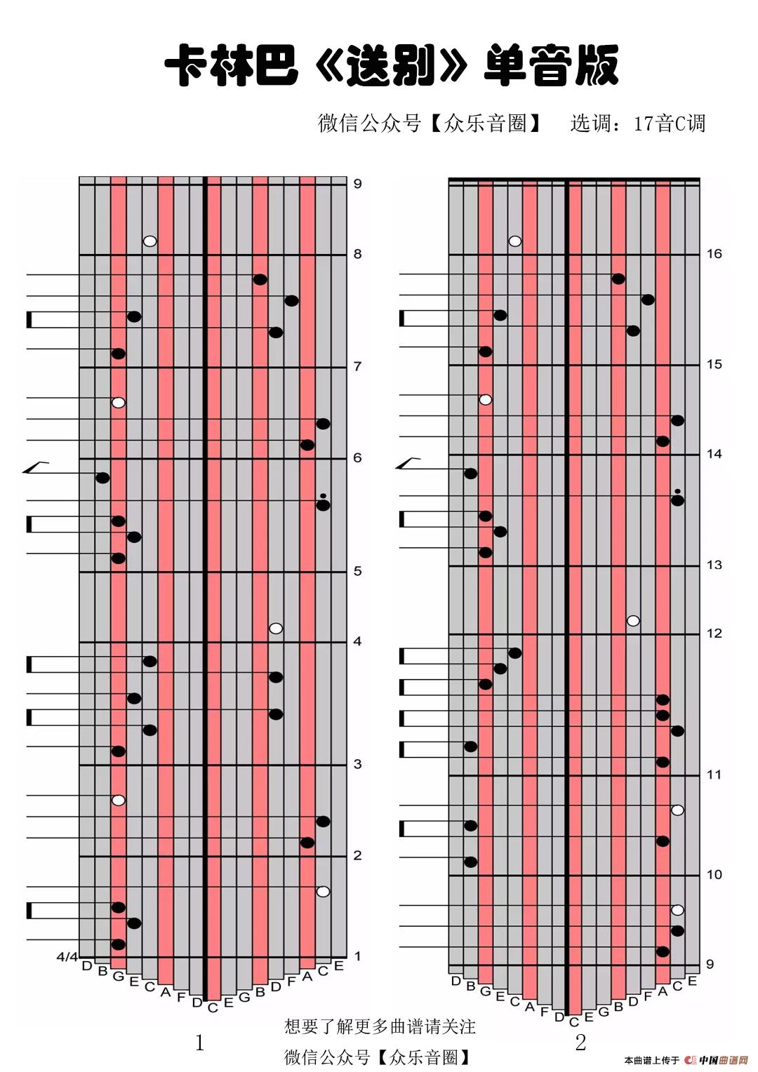 送别（单音）（拇指琴卡林巴琴专用谱）简谱