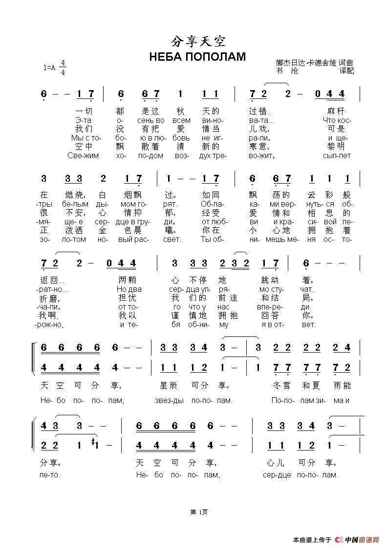 分享天空НЕБА ПОПОЛАМ（中俄简谱）简谱