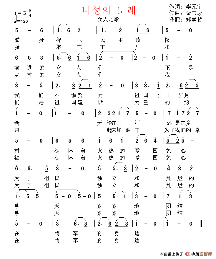 [朝鲜]녀성의 노래（中文版）简谱