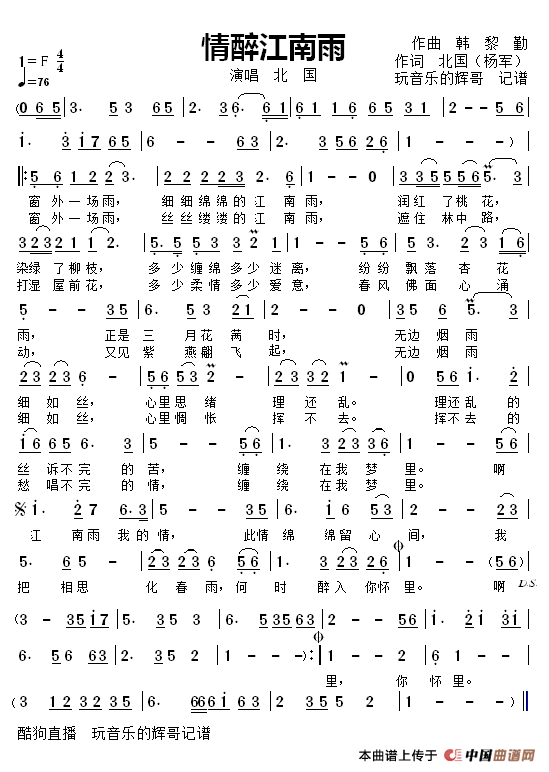 情醉江南雨（演唱  北  国）简谱