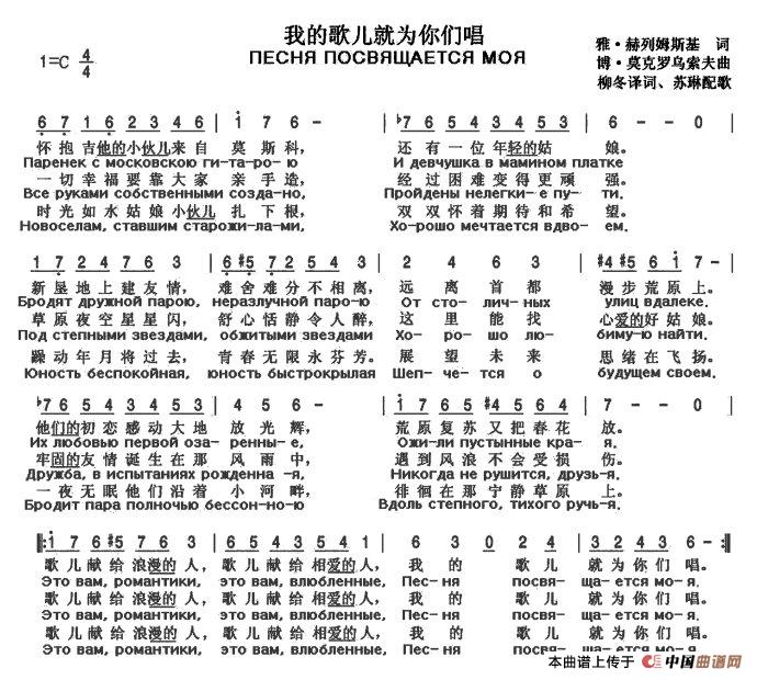 我的歌儿就为你们唱（ПЕСНЯ ПОСВЯЩАЕТСЯ МОЯ）（中俄简谱）简谱