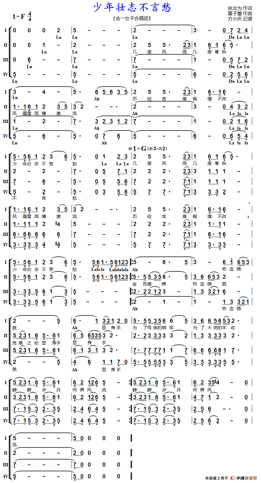少年壮志不言愁（女声四重唱）简谱