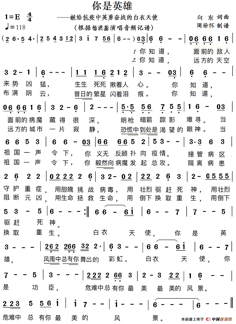 你是英雄（——献给抗疫中英勇奋战的白衣天使）简谱