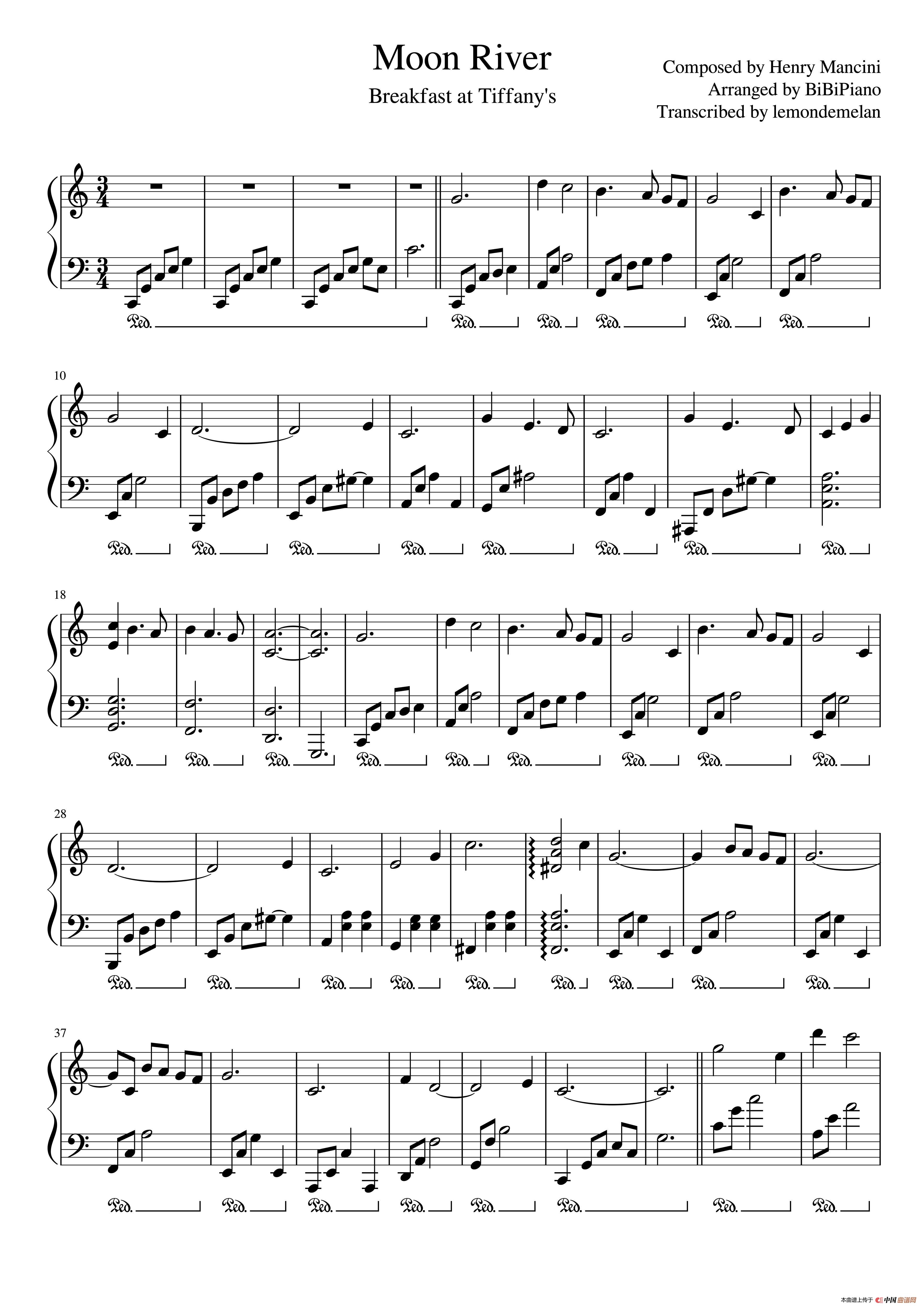 Moon River（月亮河）【Breakfast at Tiffany's（蒂凡尼的早餐）】（BiBiPiano钢琴版）简谱