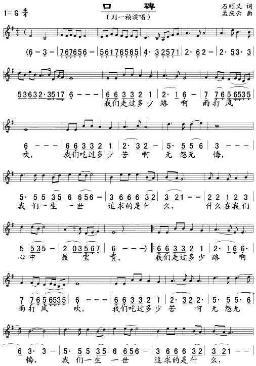 口碑(五线谱/简谱对照)简谱