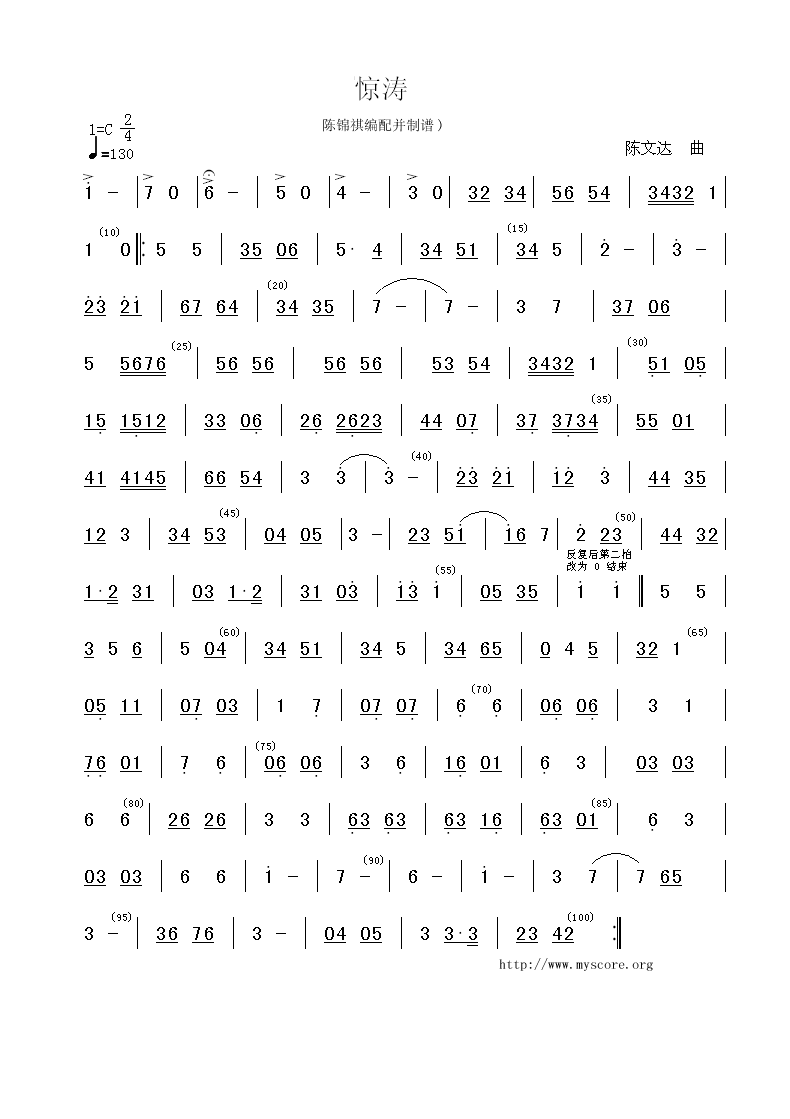 广东音乐:惊涛(简谱)简谱