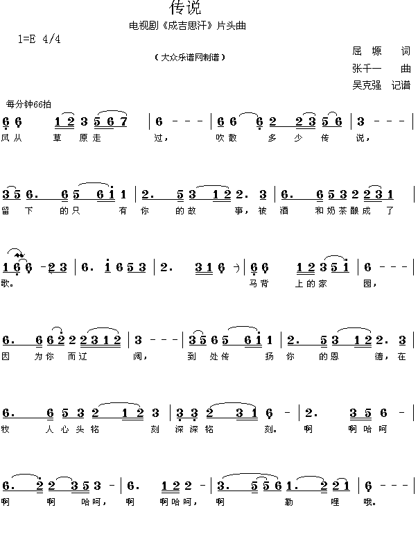 *传说（屈 塬词 张千一曲 简谱）简谱
