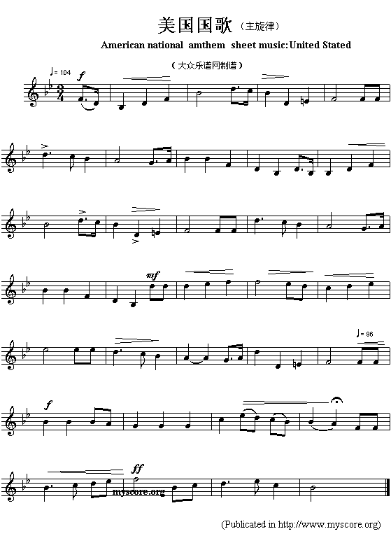 美洲各国国歌曲谱：美国（American national amthem sheet music:United Stated）简谱