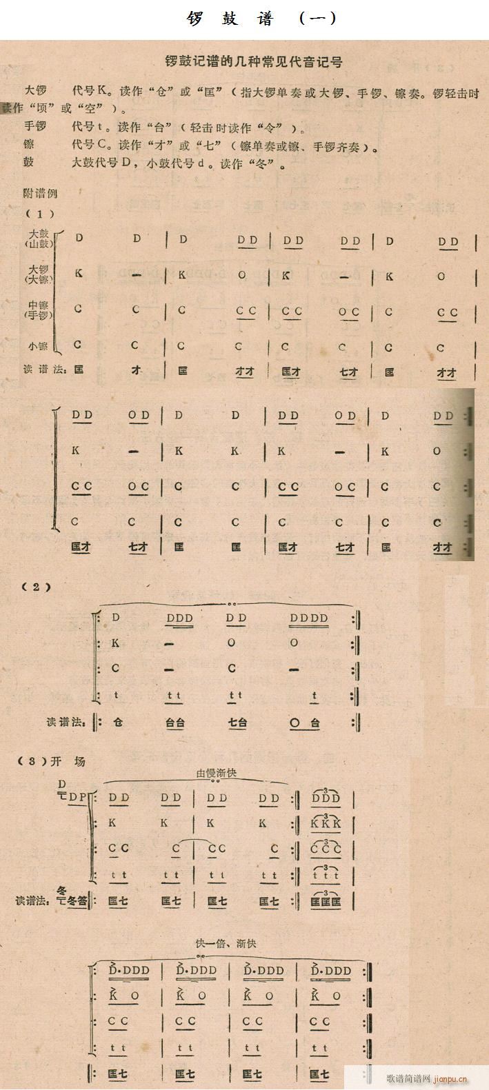 锣 （一）简谱