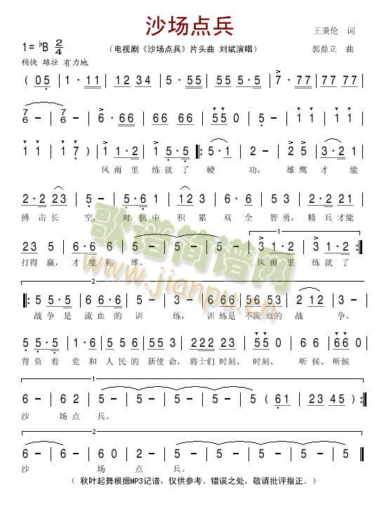 沙场点兵(同名电视剧片头曲)简谱