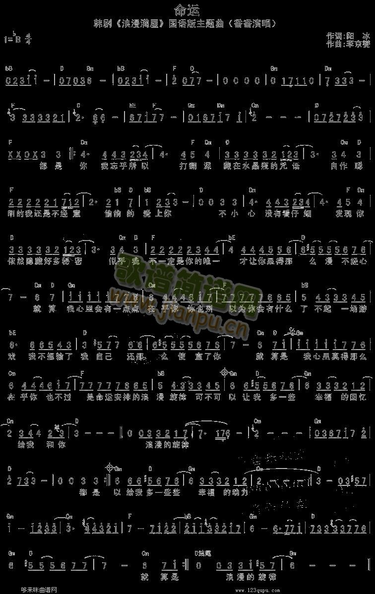 命运-香香 韩剧《浪漫满屋》主题曲-女歌手简谱