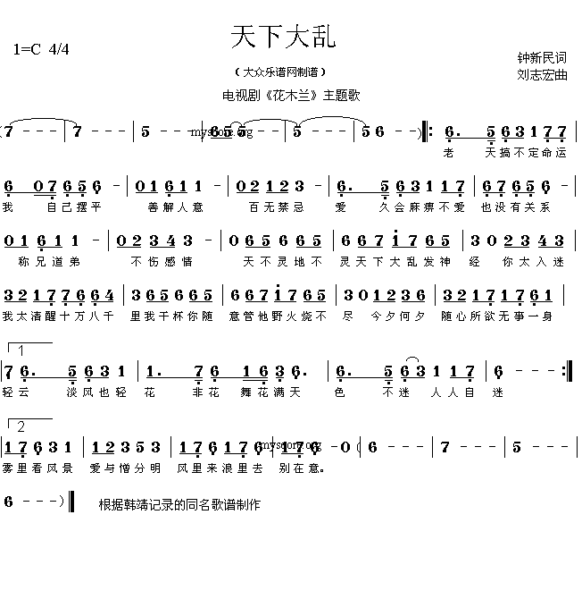 电视剧《花木兰》主题歌：天下大乱（钟志民词 刘志宏曲 简谱）简谱