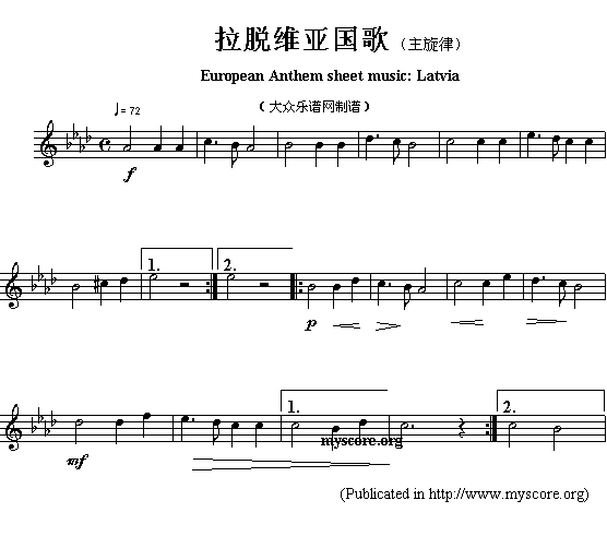 欧洲各国国歌曲谱：拉脱维亚（European Anthem sheet music:Latvia）简谱