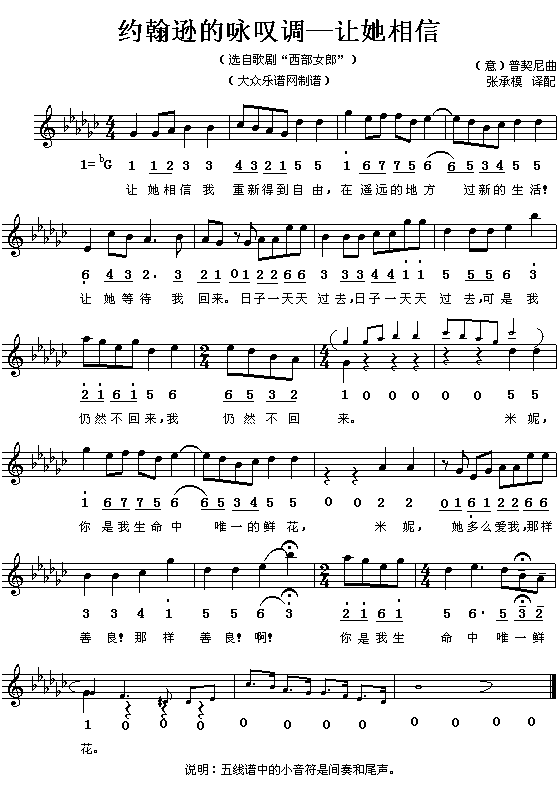 (意)普契尼歌剧“西部女郎”选曲：让她相信(简线对照)简谱