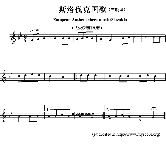 欧洲各国国歌曲谱：斯洛伐克（European Anthem sheet music:Slovakia）简谱