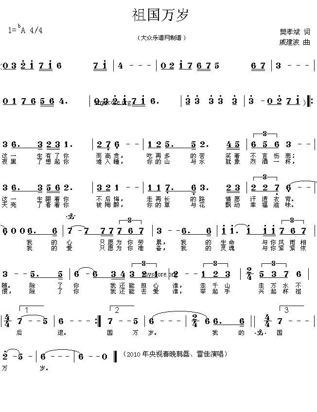 2010年CCTV春晚歌曲选:祖国万岁简谱