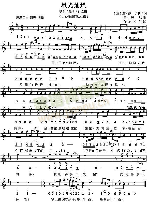 (意)普契尼歌剧《托斯卡》选曲：星光灿烂(简线对照)简谱