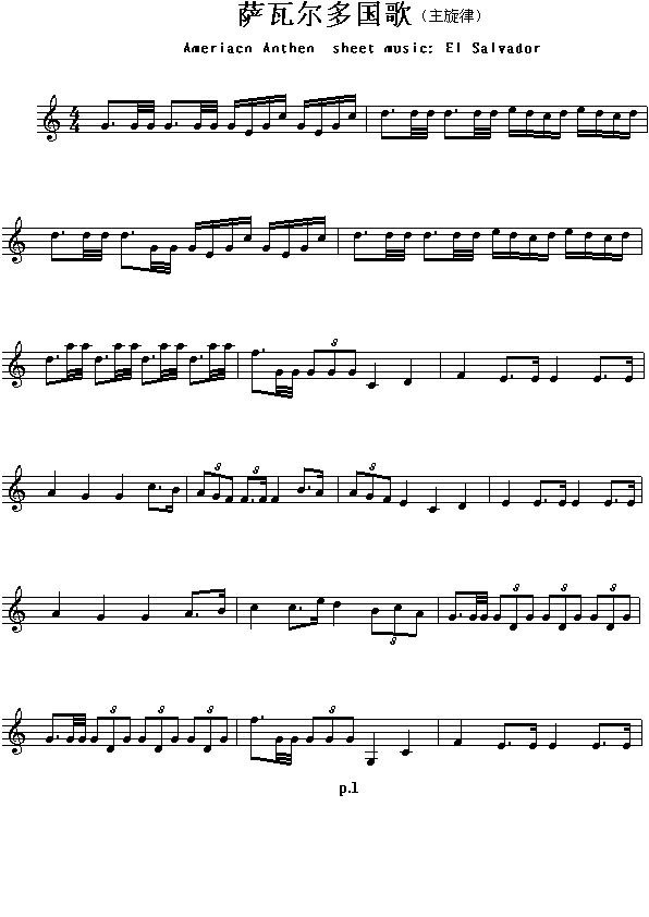 各国国歌：萨瓦尔多（Ameriacn Anthem sheet music:EL Salvador）简谱