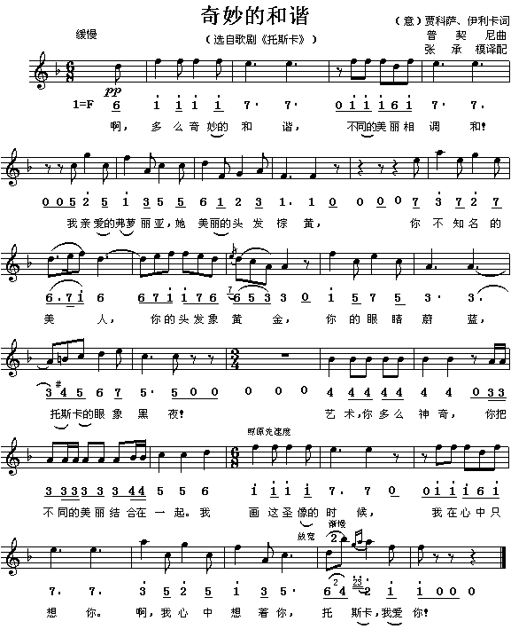 奇妙的和谐（歌剧《托斯卡》选曲）简谱