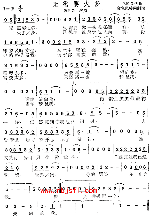 无需要太多(粤语)简谱