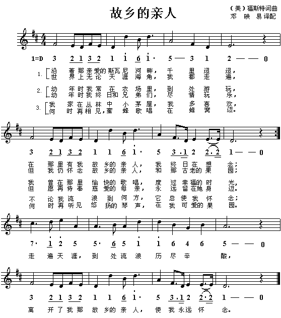 故乡的亲人（美）简谱