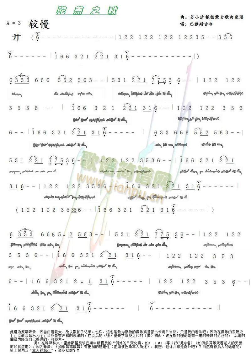 驼羔之歌－（原唱录谱）简谱