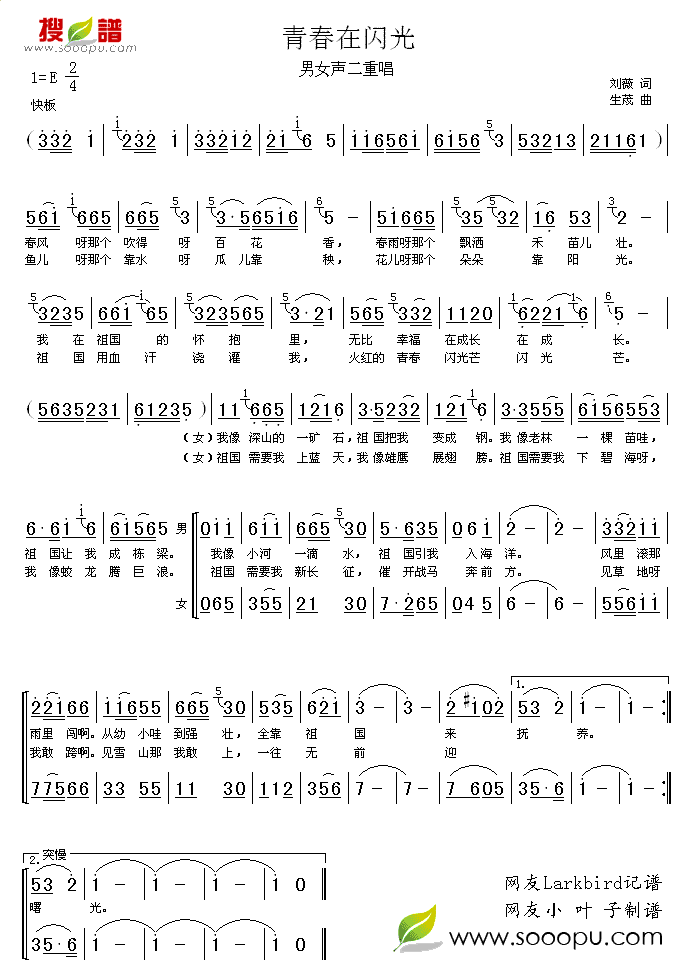 青春在闪光简谱