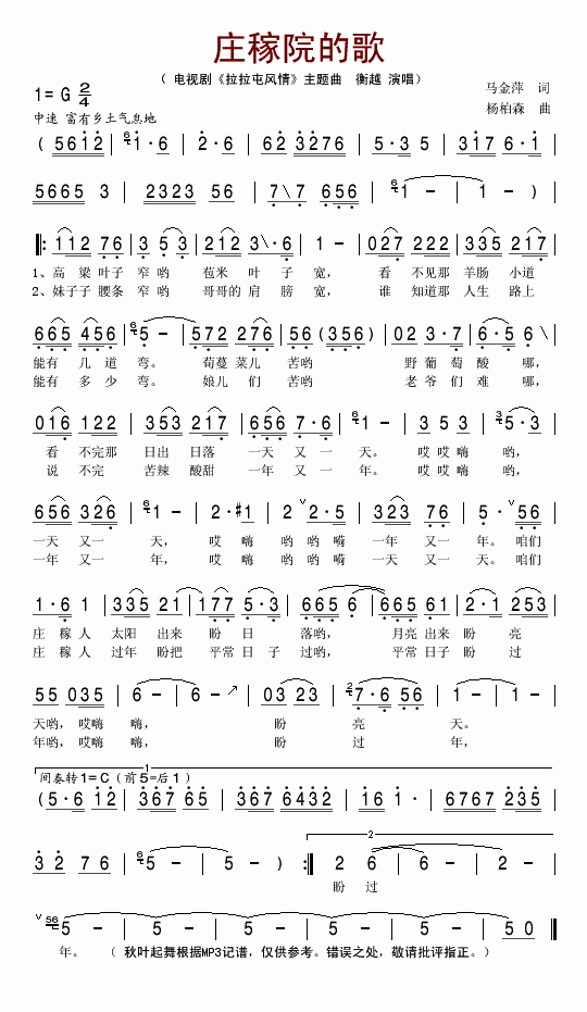 庄稼院的歌(电视剧《拉拉屯风情》主题歌)简谱