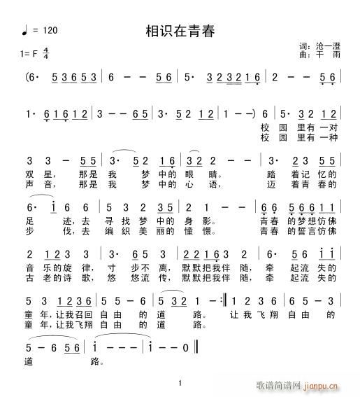 《相识在青春》词：沧一澄简谱