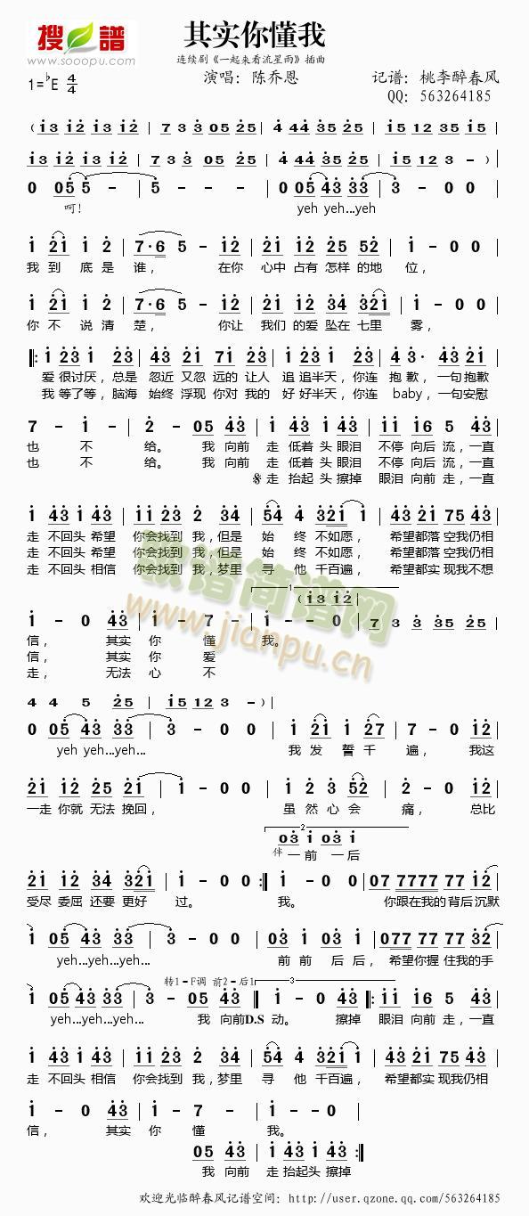 其实你懂我（《一起来看流星雨》插曲）简谱