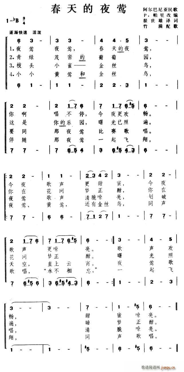 春天的夜莺（阿尔巴尼亚）简谱