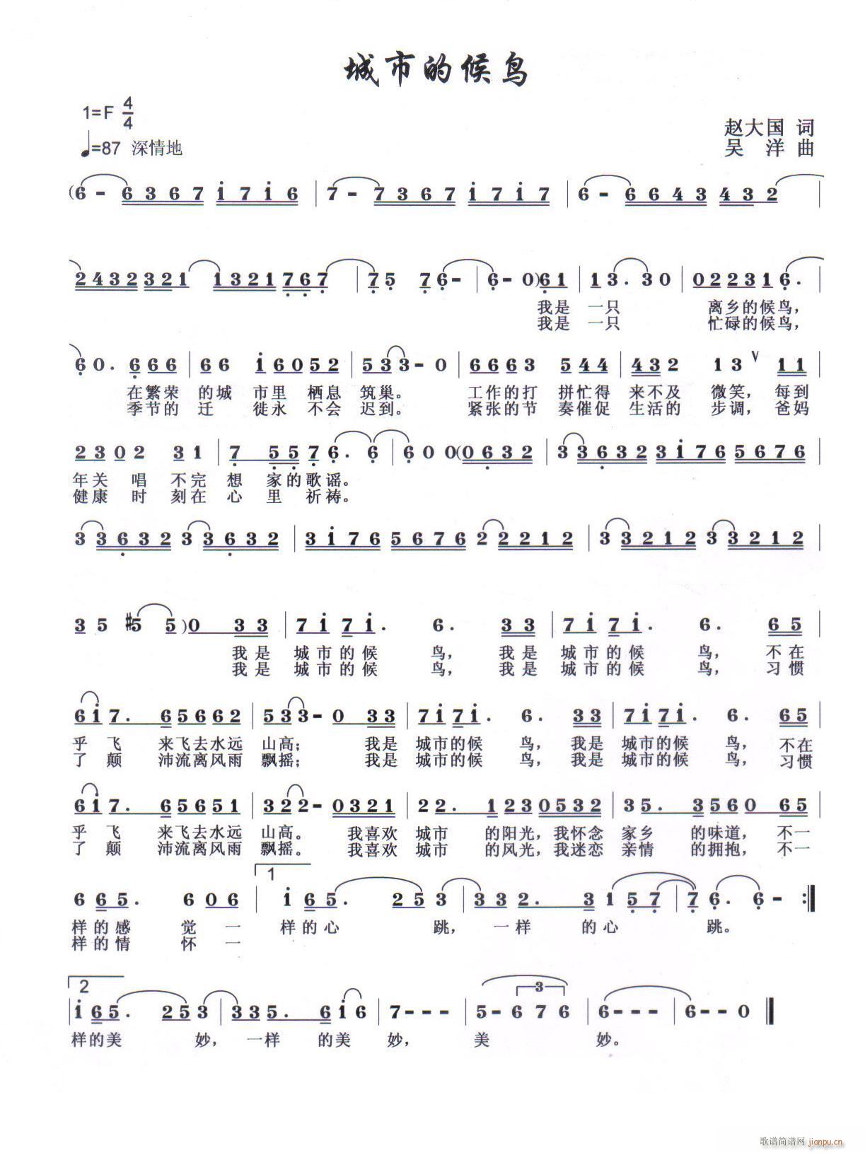 城市的候鸟（赵大国词  吴洋曲）简谱