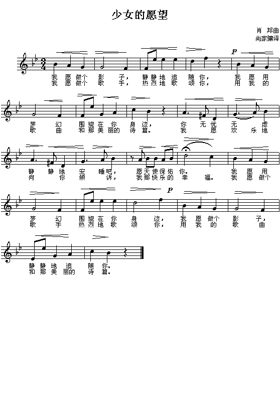 （波兰）肖邦：少女的愿望(五线谱)简谱