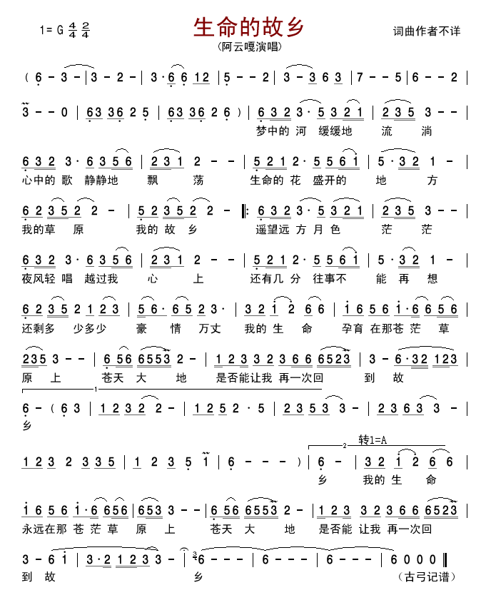 生命的故乡简谱