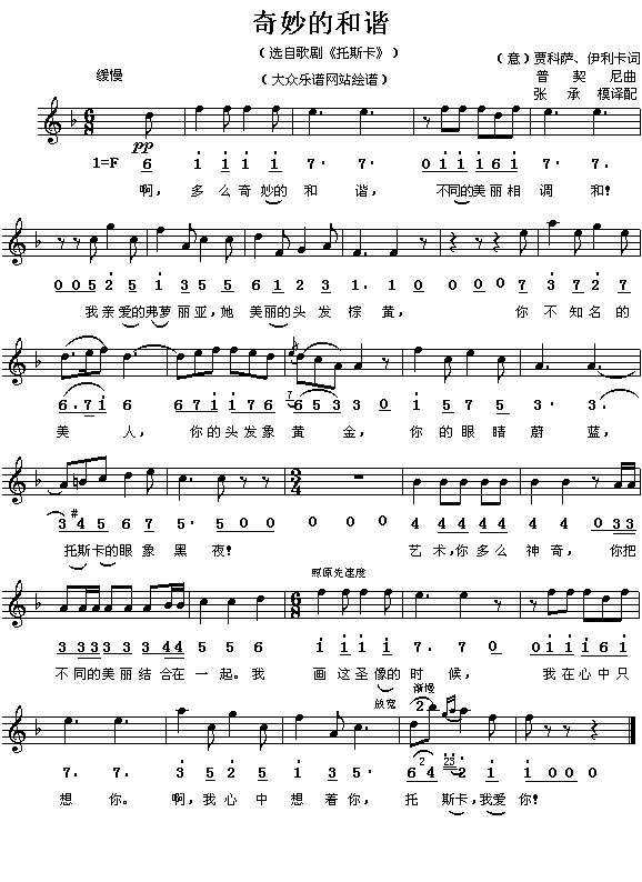 (意)普契尼歌剧《托斯卡》选曲：奇妙的和谐(简线对照)简谱
