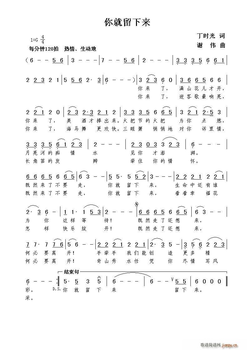 你就留下来（丁时光词 曲）简谱