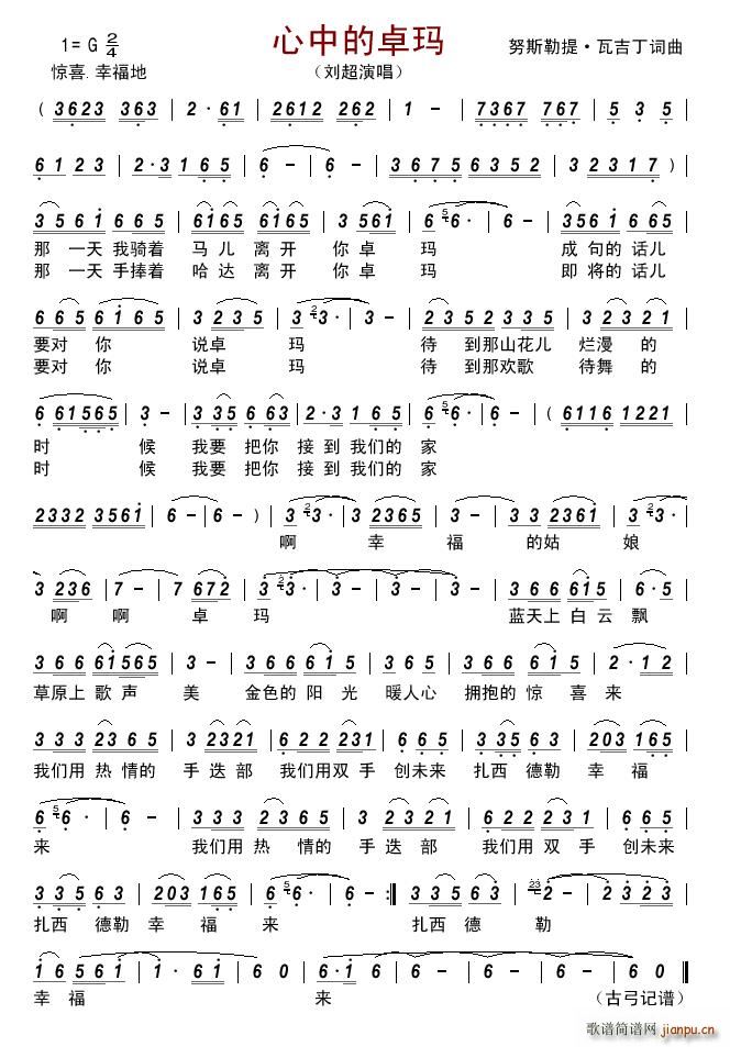 心中的卓玛（努斯勒提?瓦吉丁词曲）简谱
