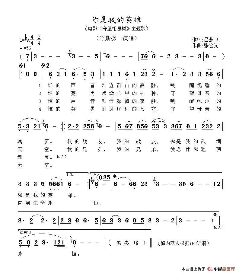你是我的英雄（吕燕卫词  张宏光曲）简谱