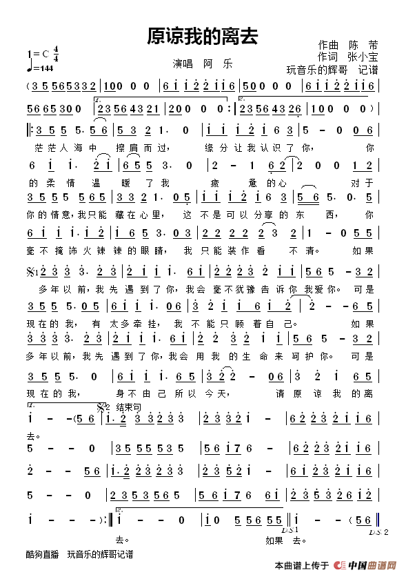 原谅我的离去（阿乐）简谱